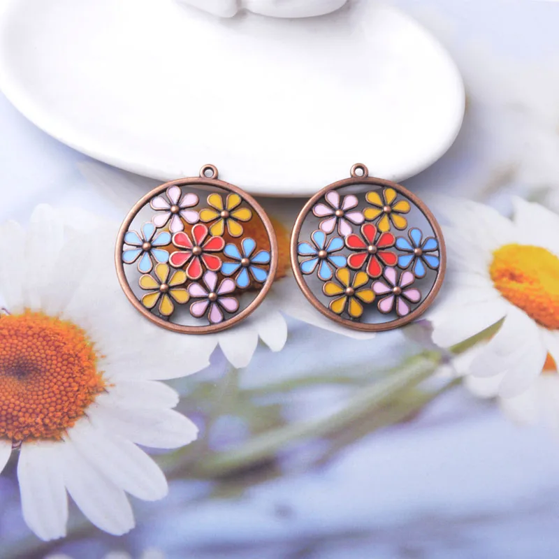 12 Stück/Set 34*36mm Böhmischer Stil Antik-Kupferfarbene Blumenanhänger aus Legierung DIY Schmuck Ohrring-Zubehör – Detail 6