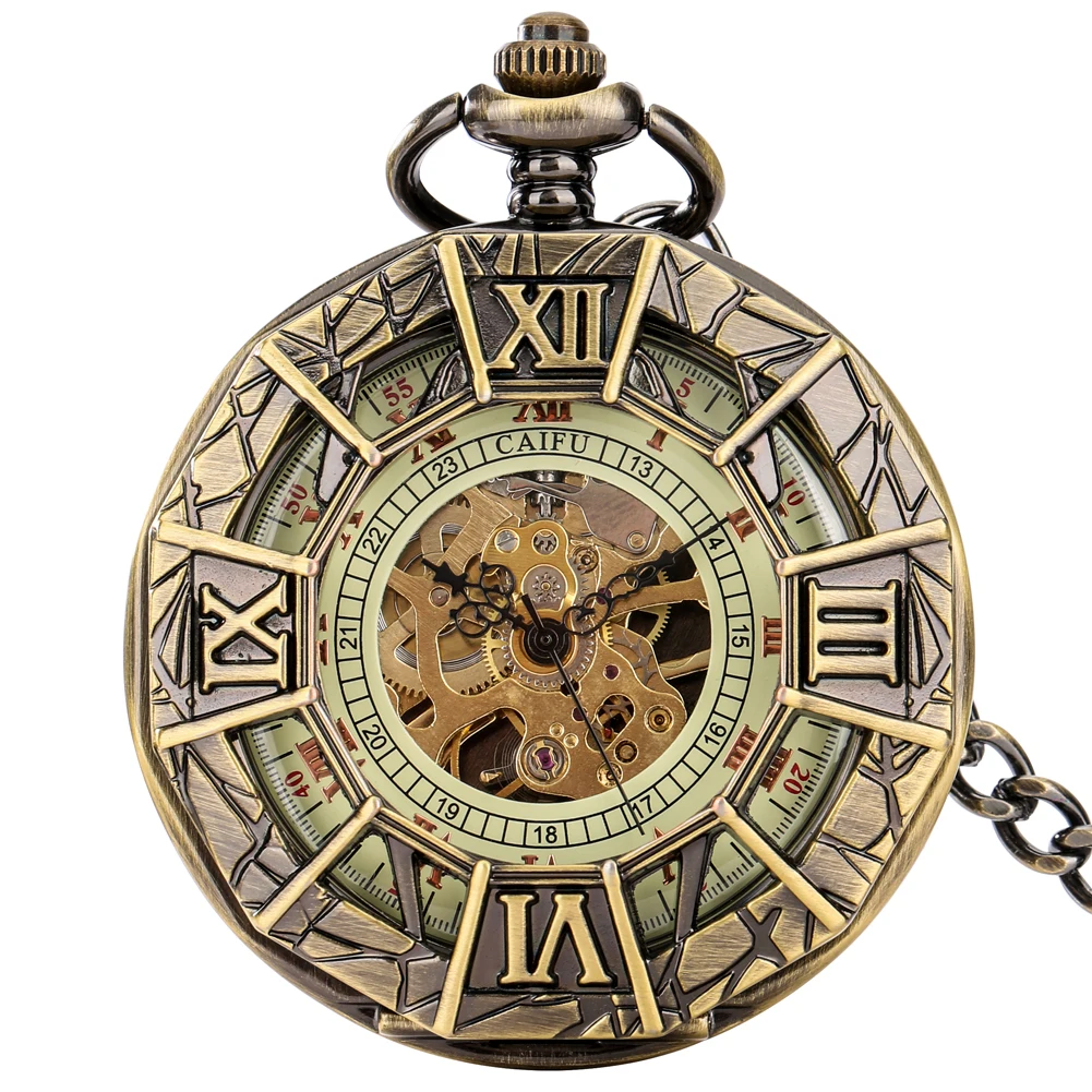 Automatische mechanische Taschenuhren römische Ziffer Zifferblatt aushöhlen Abdeckung Retro Anhänger Uhren Taschenuhr Geschenk für Männer Frauen