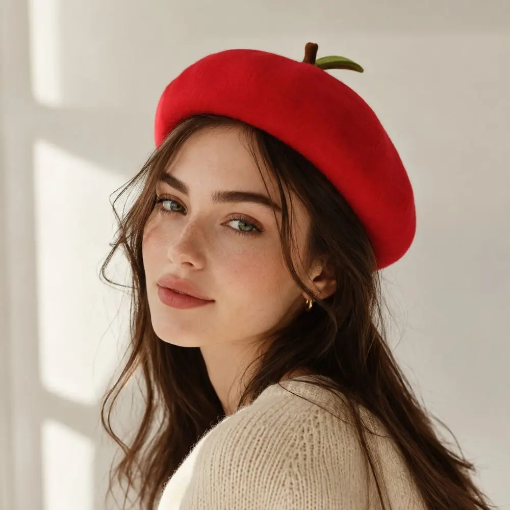 Japanese style Red Apple Beret Cap Breathable Soft Painter Hat Orange Shaped Handmade Fruit Beret Autumn and Winter Warmth view 3