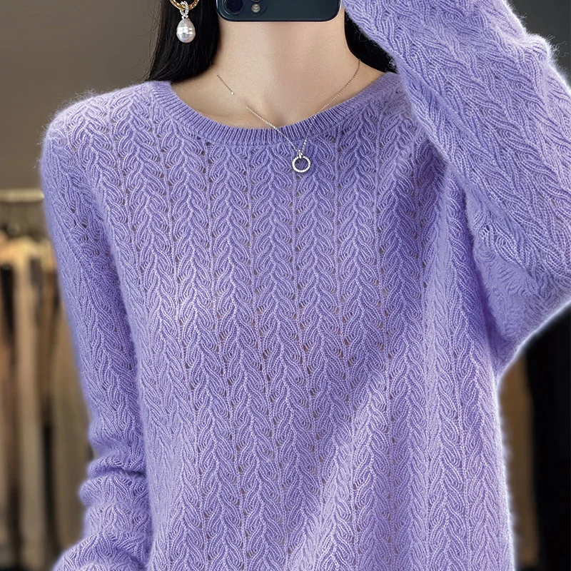 Autumn/Winter New 100% Pure Wool Sweater Casual Solid Color Knit Blouse Round Neck Hollow Tops Fashion Ladies Pullover