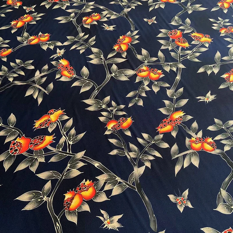 16mm Orange Fruites Printed Dark Blue Silk Crepe de Chine Fabric for Summer Soft Dress Pants Silk Tissue for DIY Sewing C001-37