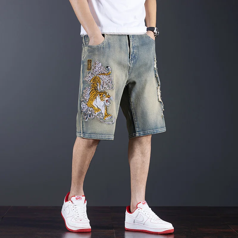 Chinese Style Tiger Embroidered Denim Shorts Men's Loose Hole plus Size Trend Casual Retro Distressed Cropped Pants