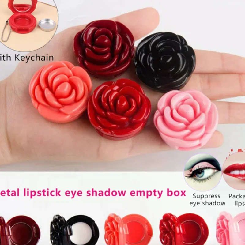 

Empty Eyeshadow Case With Keychain Rose Flower Shape Lipstick Box Cosmetic Packing Container Refillable Makeup Lip Mask Case