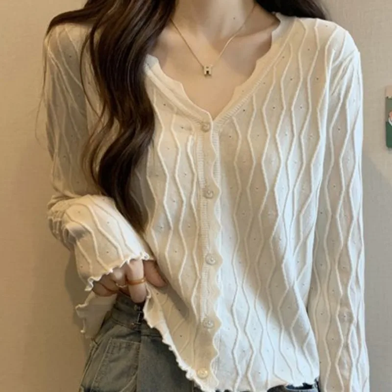 Large Size Women Cardigan with Belly Covering Sleeves Knitted Tops 2024 Spring Autumn New Slimming Versatile Base Shirt Sweaters