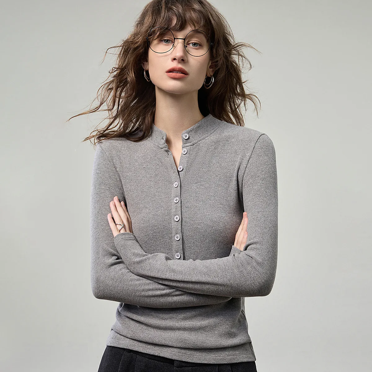 

Women's Base Layer 2026 Spring New American Style Henley Neck Slim Single-breasted Long Sleeve T Shirt Slim Fit Base Top