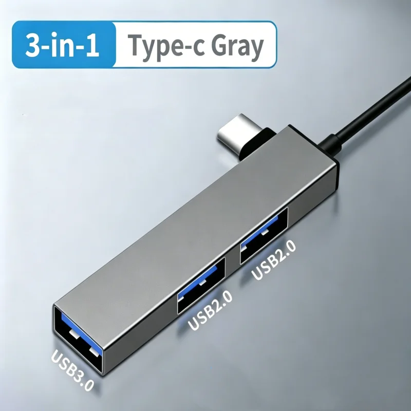 L-shaped 3-in-1 USB 3.0 Hub Type-C / USB-A to Multi USB Splitter Elbow High Speed Expander for Laptop，Micro USB 0.3m Cable
