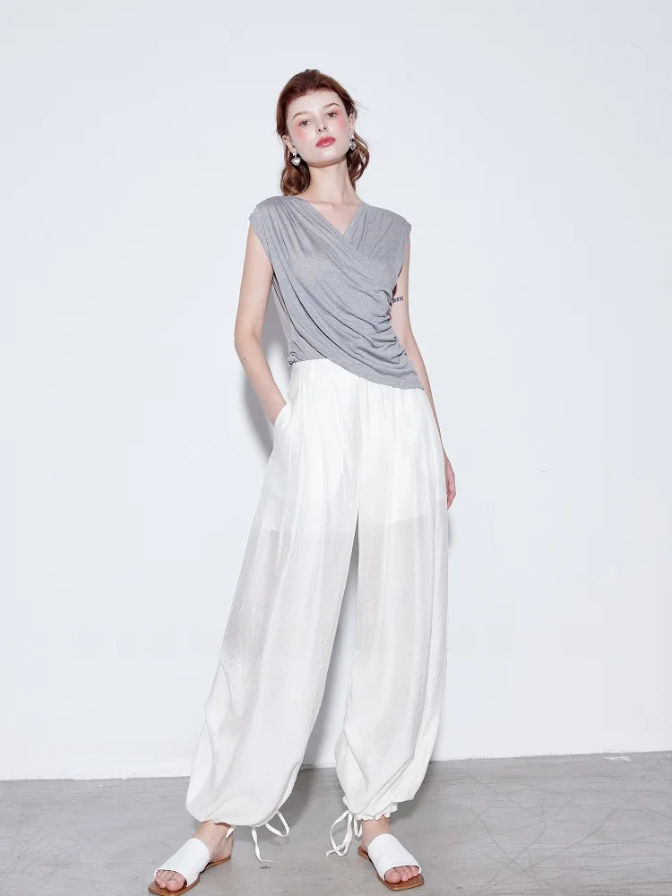 

Женский модный топ Finocci Ultra Soft из шелка и лиоцелла, приятный для кожи, свободного кроя, с V-образным вырезом, асимметричный, плиссированный, высокого качества