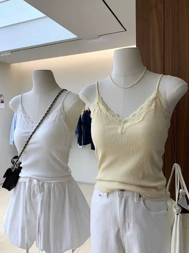 Lace Trim V-Neck Tank Top Women's Slim Fit High Elasticity Inner Wear with Chest Pad Atmosphere Sense Summer Fashion Workwear