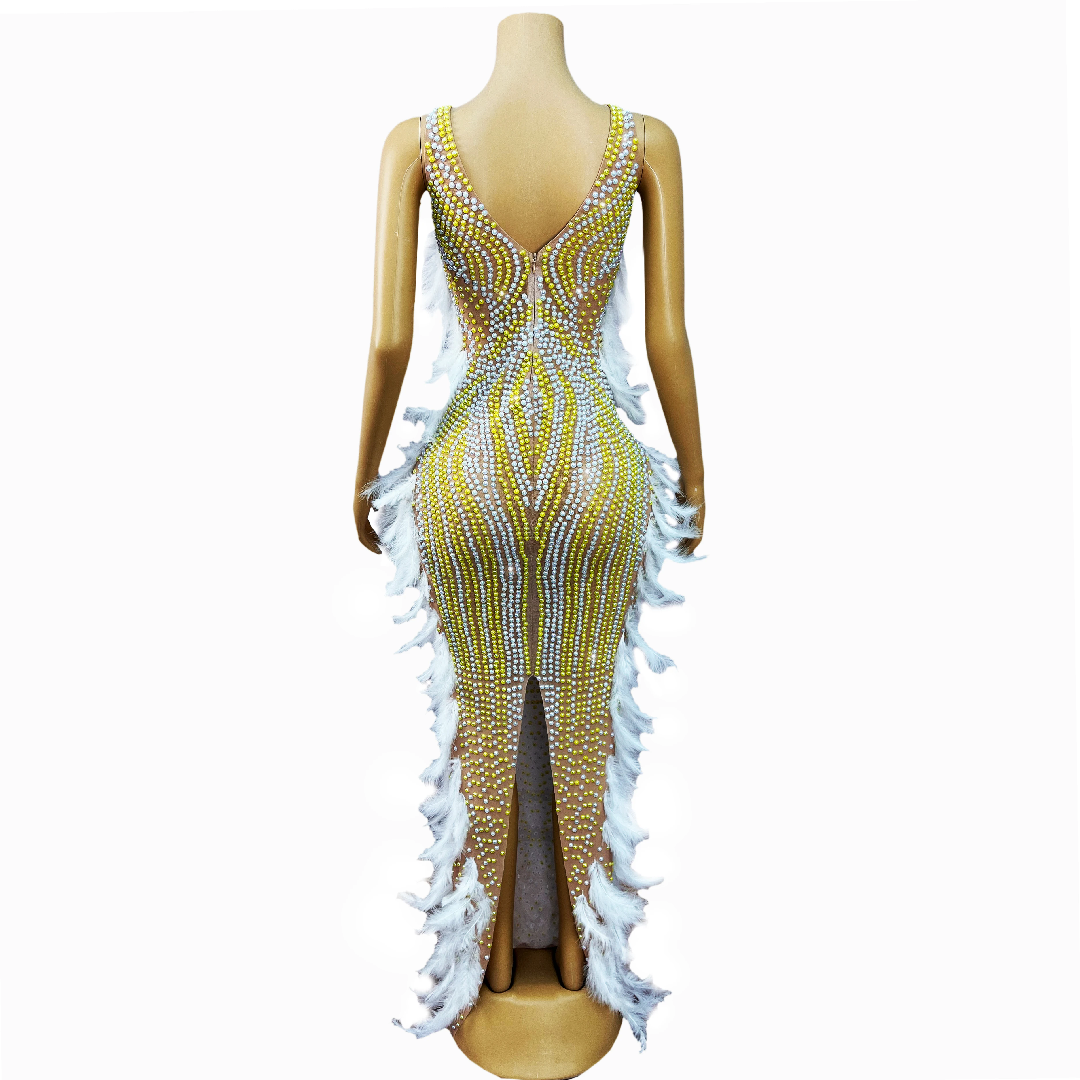 High-end Shiny Pearls Handmade Feather Mesh Dress Evening Cocktail party Elegant Gown FashionShow Red carpet Stage Outfit Zhuhai view 3