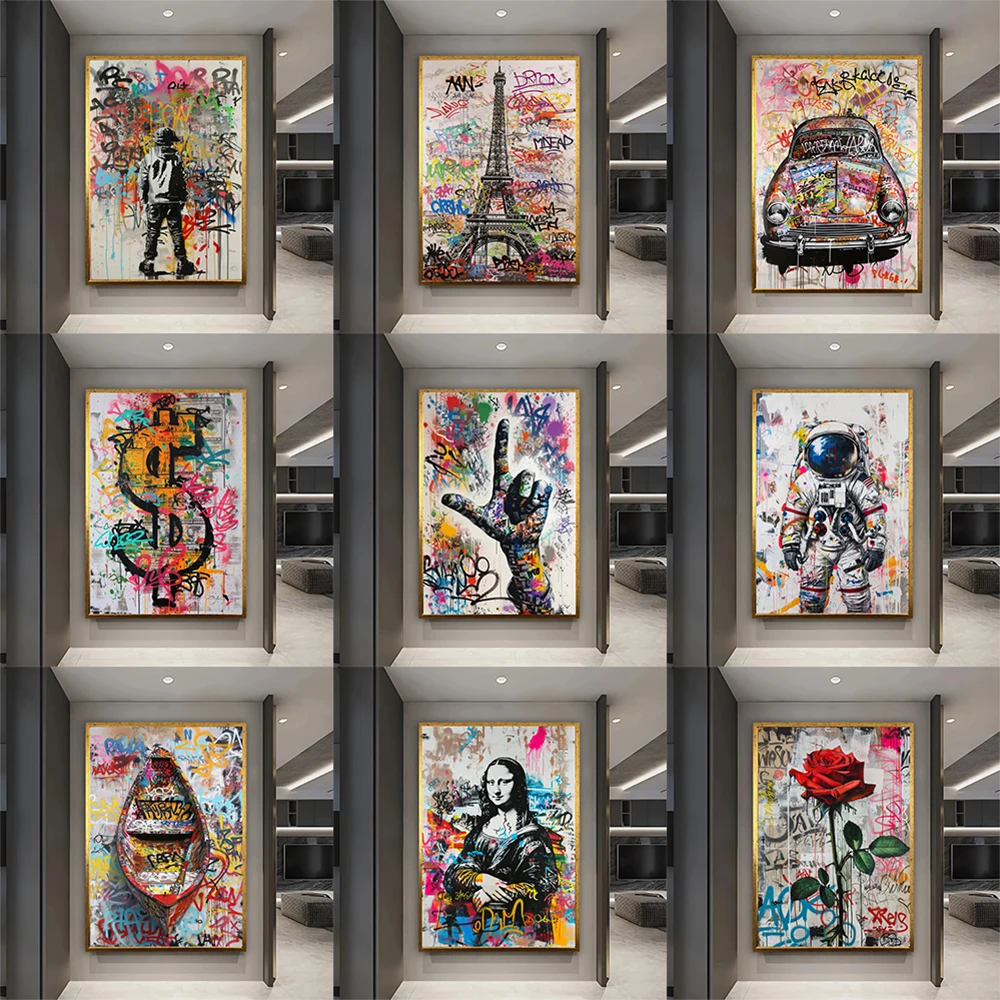 مجردة المال الدافع الكتابة على الجدران قماش اللوحة بانكسي الخارقة المشارك وطباعة الحديثة المائية جدار الفن غرفة ديكور المنزل