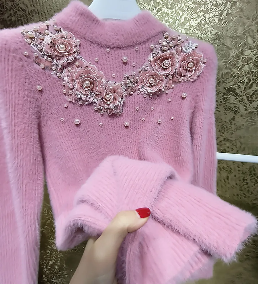 Heavy Industry 3D Florals Pearls Sequins Stitch Pink Mohair Sweater Mock Neck Thickened Faux Fur Beaded Pullovers Knitwear Tops