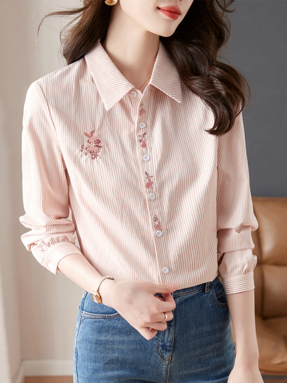 

Женская повседневная тонкая блузка с вышивкой и длинными рукавами, весна-осень, в вертикальную полоску, базовая модель, корейский стиль