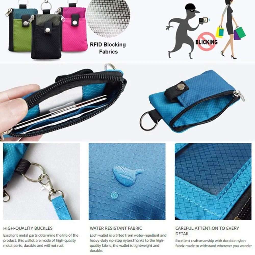 Minimalist RFID Blocking Small Wallet Water Resistant Slim Coin Purse Zip ID Window Lanyard Wallet