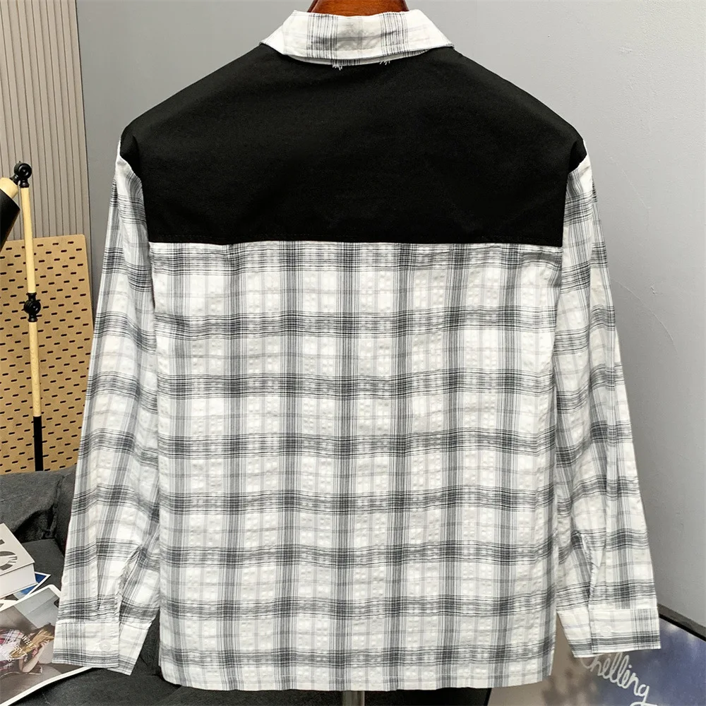 MWJLPWQ Punk-Style Plaid Contrast Color Shirt Men Spring Autumn Casual Graffiti Letter Patchwork Pockets Long-Sleeve Tops 20470