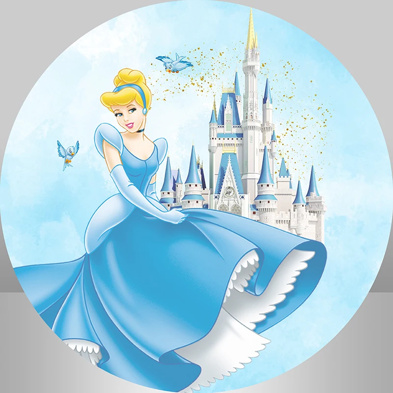 Princess Cinderella Girl Birthday Round Circle Backdrops Cover Blue theme Castle Photo Background Party Decoration Supplies