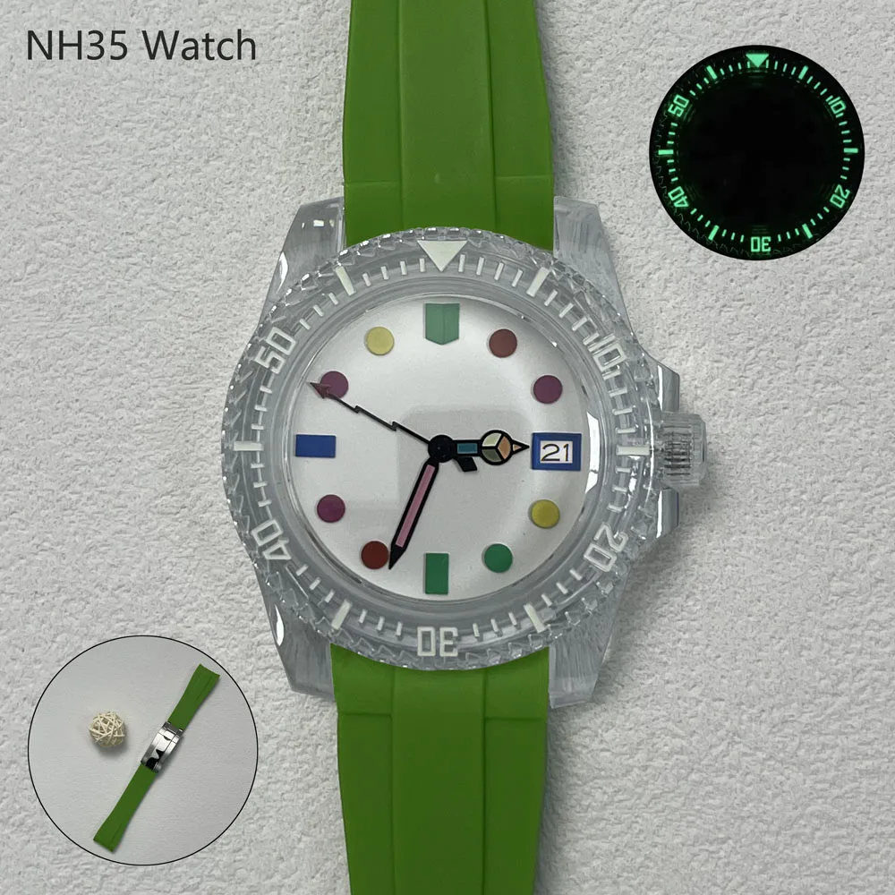 40.5 มม.แฟชั่นผู้ชาย NH35 นาฬิกาอะคริลิคส่องสว่างสีสายยางและญี่ปุ่น NH35 อัตโนมัติ