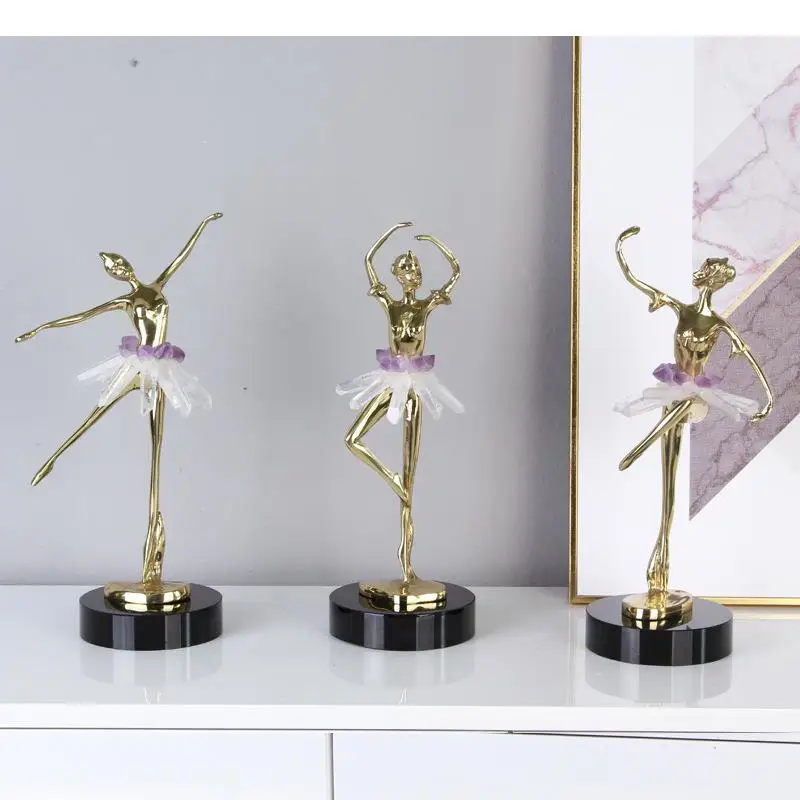 

Ballerina Girl Brass Sculpture Crystal Base Desk Decoration Ornaments Abstract Figures Crafts Ballet Dancer Statue