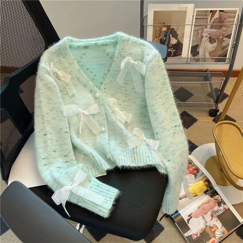 Korean All Match V-neck Knitted Cardigan Spring Autumn New Loose Sweet Girl Cute Bow Patchwork Cropped Sweater Coat Y2k Top