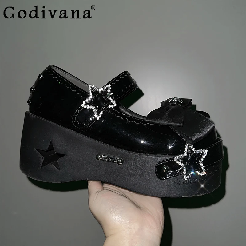 

Y2k Subculture Japanese Original Lolita Platform Muffin Shoes Round Head Punk Style Rivet Rhinestone Bow Mary Jane Single Shoes