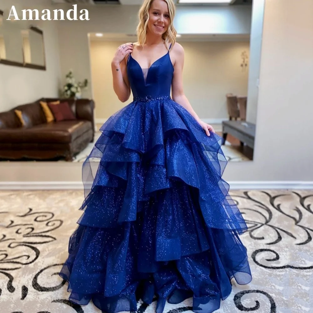 Amanda Princess Sapphire Blue Prom Dress 2023 Elegant Sequins Belt Puffy Vestidos De Noche Edge Curl فساتين سهره فاخره 2023