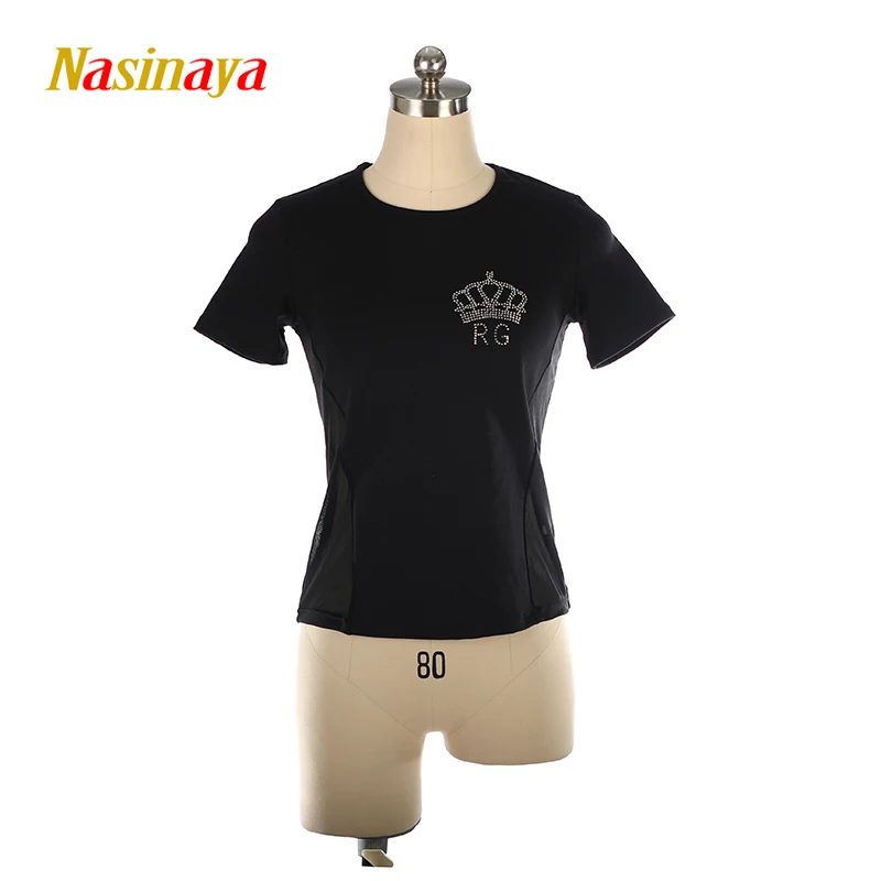 

Футболка для девочек с художественной гимнастикой, женская футболка для тренировок, индивидуальный топ для фигурного катания, черный топ с круглым вырезом и коротким рукавом