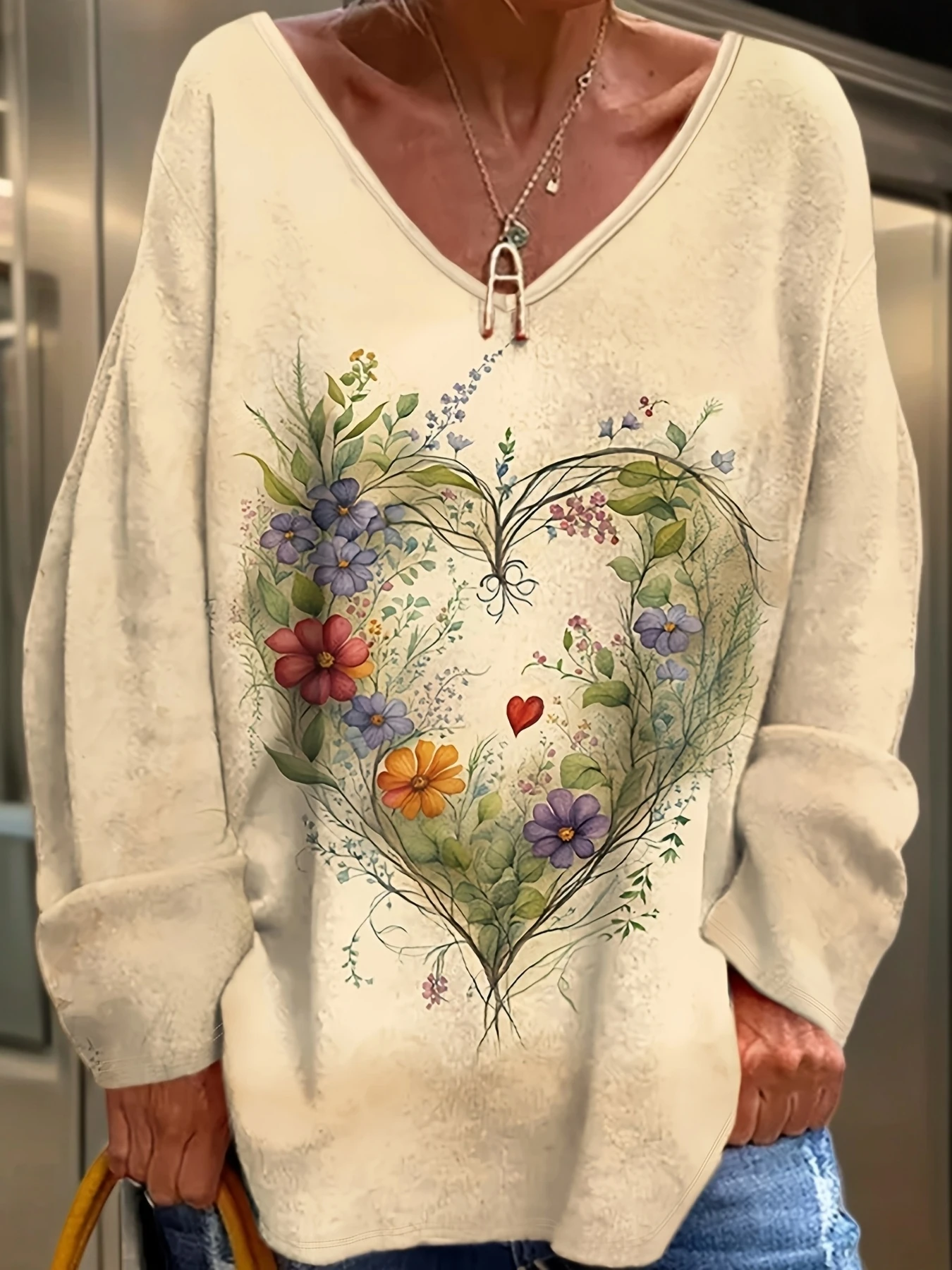 Women Long Sleeve Top Floral Color Block Splicing Print V Neck Casual Daily Party Tee Women's Clothes