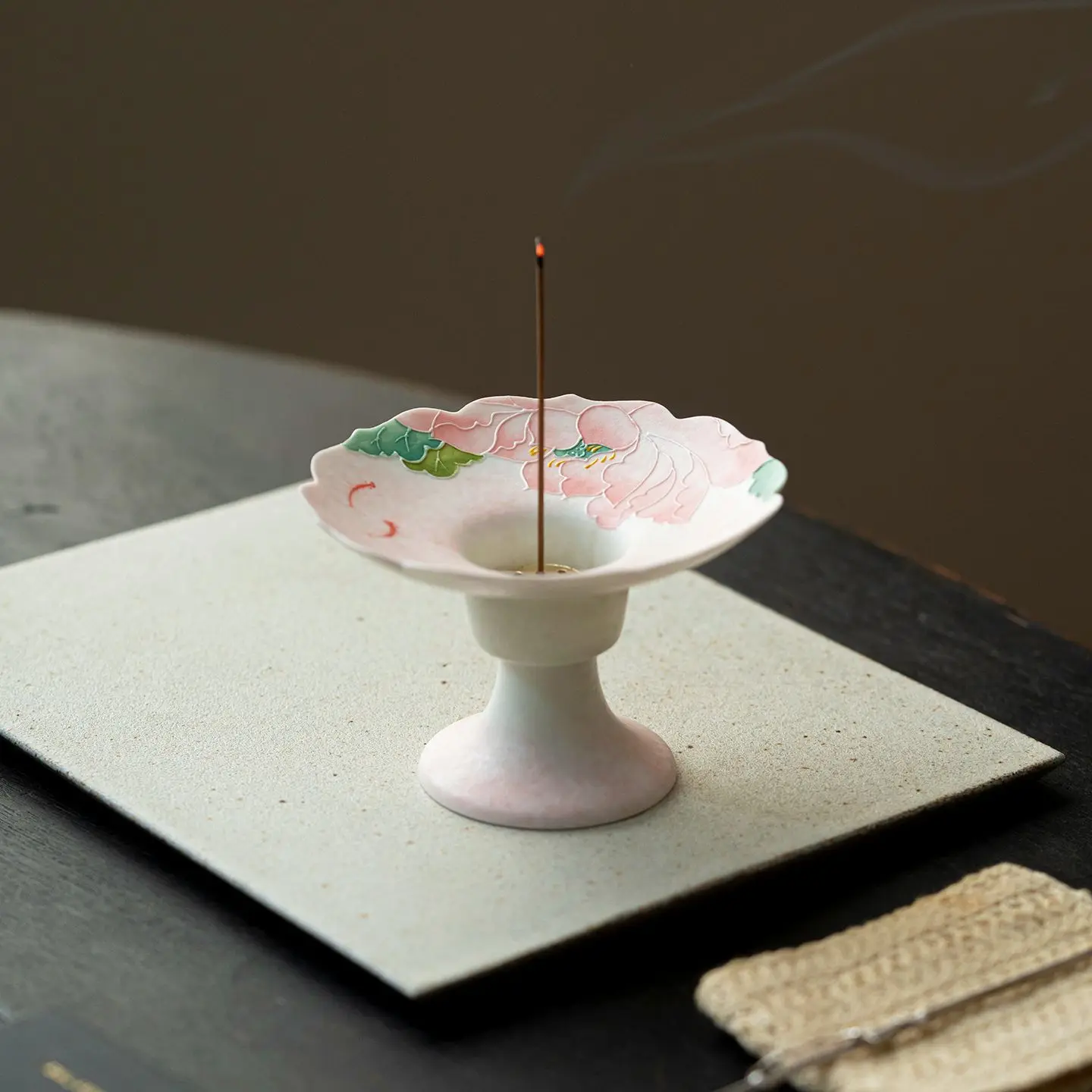 Hand Painted Lotus & Fish Ceramic Tall Foot Censer Wide Mouth Incense Burner Creative Chinese Indoor Stick Incense Holder Aroma