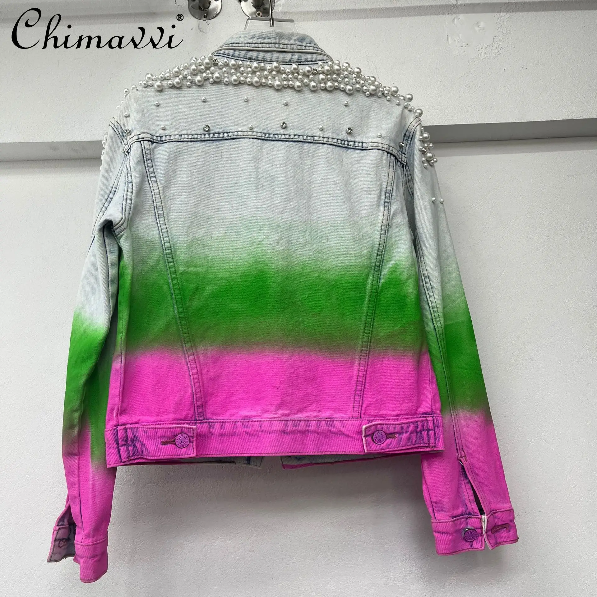 European Color Matching Printed Denim Jacket Women's 2025 Autumn New Fashion Heavy Beaded Top High Street Long-sleeved Coat