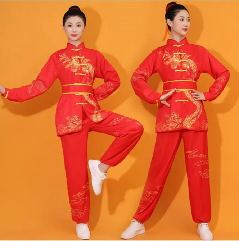 Nowy chiński styl męski damski haftowany smok kombinezon Kung Fu Tai chi Wushu Uniform Outdoor Sport bluza z długim rękawem zestawy spodni