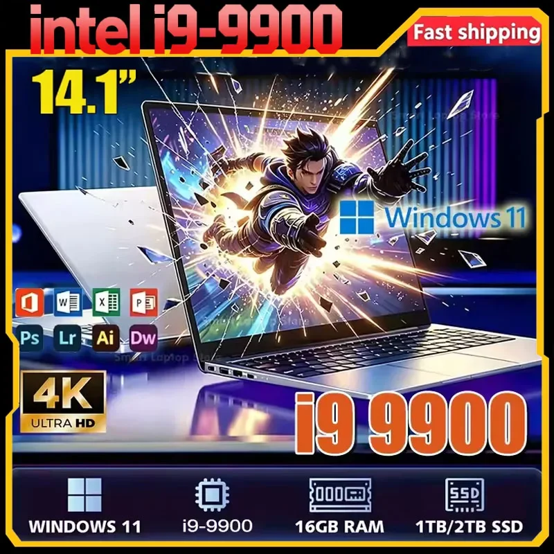 New 14.1" Laptop Intel Core I9-9900 32GB 2TB Gaming PC Ultra Slim Office Study Computer PC Windows 11 Pro 1920*1080 HD