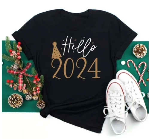 Maycaur Hello 2024 Leopard Printed Women T-shirt Happy New Year Party Graphic Tee Clothes Winter Holiday Party T Shirt Tops