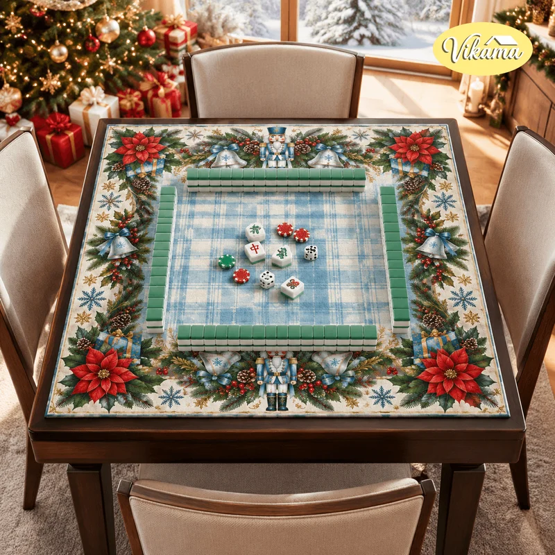 VIKAMA Blue Plaid Nutcracker Soldier Snowflake Bell Mahjong Table Mat Non Slip Card Game Decor Washable Game Table Mat