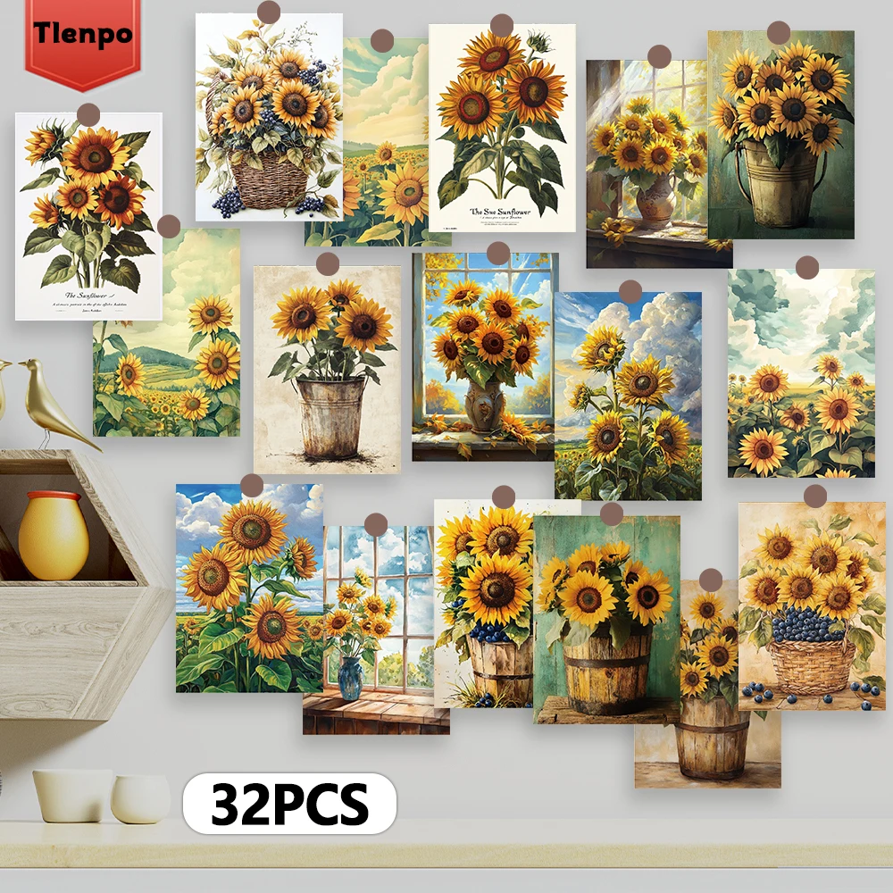 32pcs, vintage sunflower postcards, wall stickers, mailing cards, greeting cards, DIY postcards, souvenir postcards, decorative