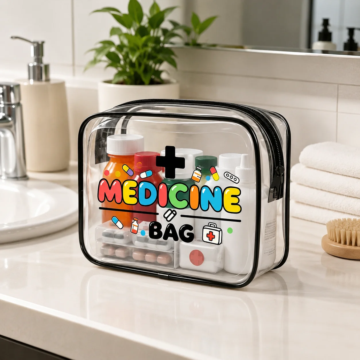 Clear Medicine Bag with Colorful Print, Waterproof PVC Zipper First Aid Organizer for Family Travel, Home and Outdoor