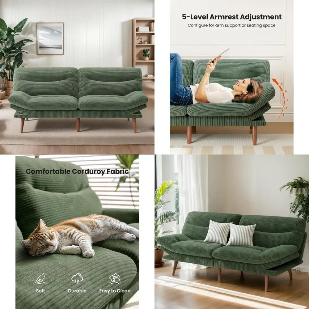 Convertible Futon Sofa Bed with Adjustable Backrest and Armrests, Corduroy 3-in-1 Couch, Folding Sleeper Recliner for Comfortabl