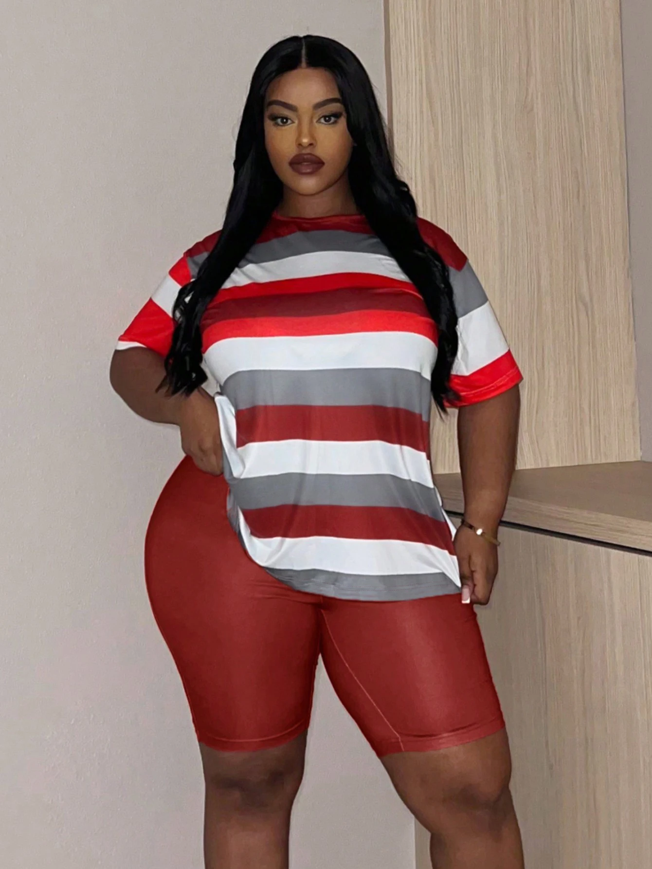 LW Plus Size shorts sets summer Striped short sleeve T-shirt + skinny Shorts Set casual women\'s Two pieces sets sport suit