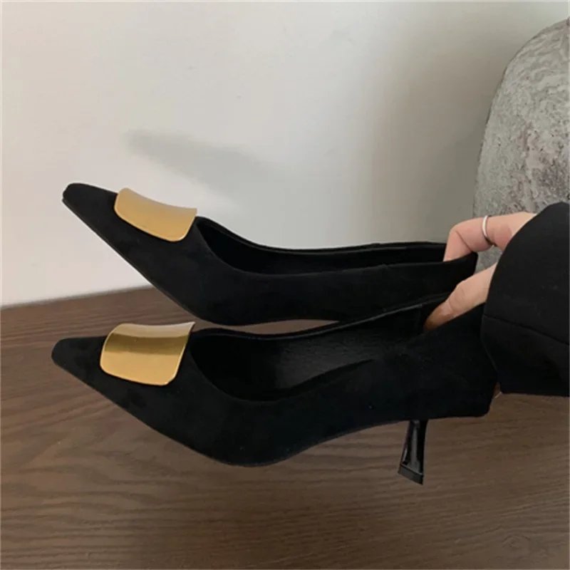 

Eiyken New Spring Metal Buckle Pointed Toe Women Pumps Elegant Thin Low Heels Wedding Stripper Prom Dress Ladies Shoes