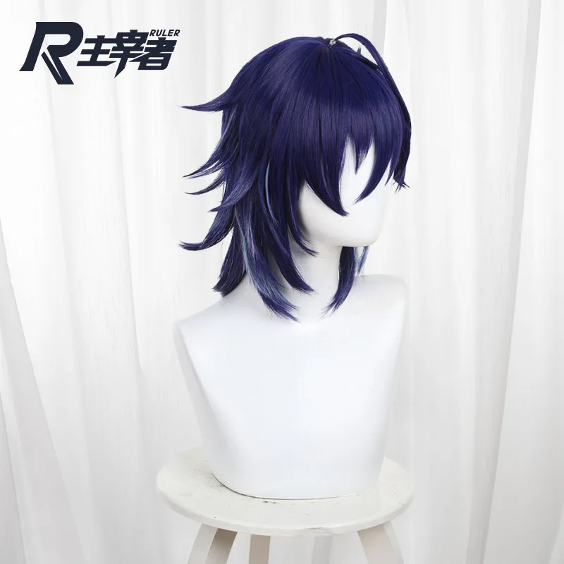 Peluca de Cosplay Genshin Impact orororon para hombres y mujeres, pelo corto azul oscuro, resistente al calor, sintético, Halloween