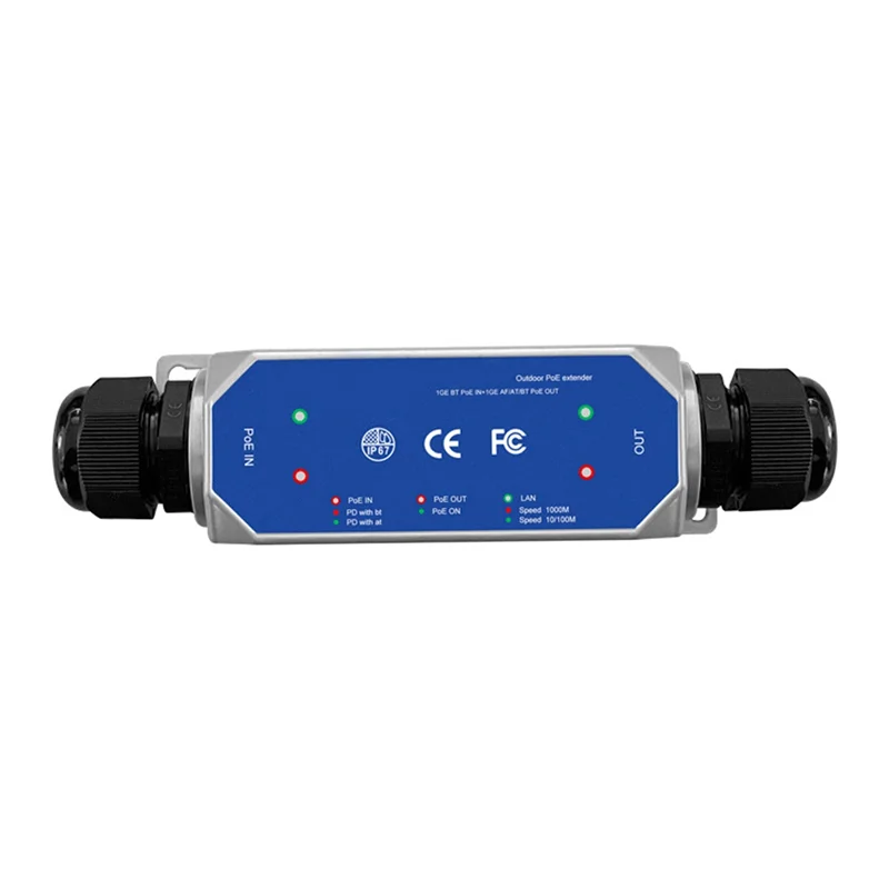 

New Arrival DC37-57V IP67 100M121 IP67 Waterproof Direct Burial Poe Extender 1BT In 1BT Out Max 90W Waterproof Extender LED 1Gbp