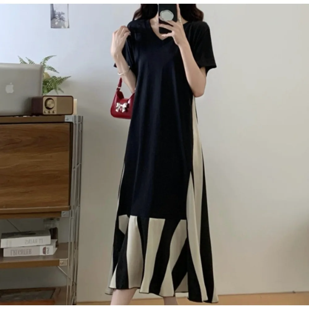 

Elegant Spliced striped Vintage V-neck Chic Slim Dresses Evening High Street Plus Size women clothing