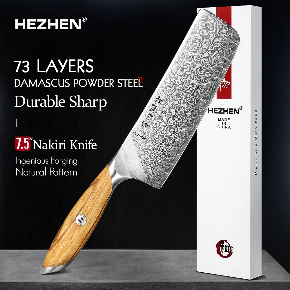 HEZHEN Flagship Series 7-calowy nóż Nakiri 73 warstwy Stal damasceńska w proszku Drewno oliwkowe Uchwyt Kuchenne sztućce kuchenne
