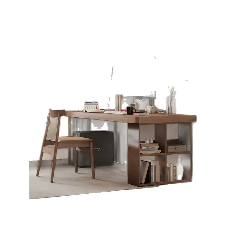 New Nordic solid wood long table bookcase integrated workbench home bedroom learning office computer desk