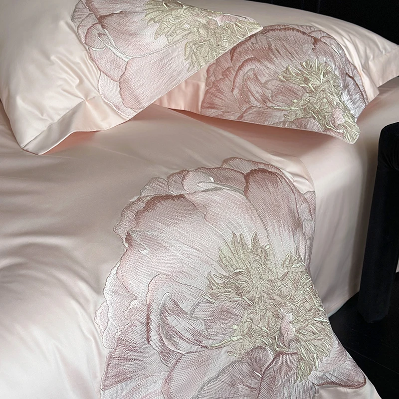 Pink Blue Champagne Flowers Embroidery Luxury Bedding Set 1000TC Egyptian Cotton Duvet Cover Flat/Fitted Bed Sheet Pillowcases