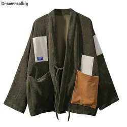 Tropfen Schulter Männer Cord Kimono Jacke Große Taschen 2023 Frühling Farbe-blocking Gepatcht Japan Stil Herren Haori Dünne Mantel lose