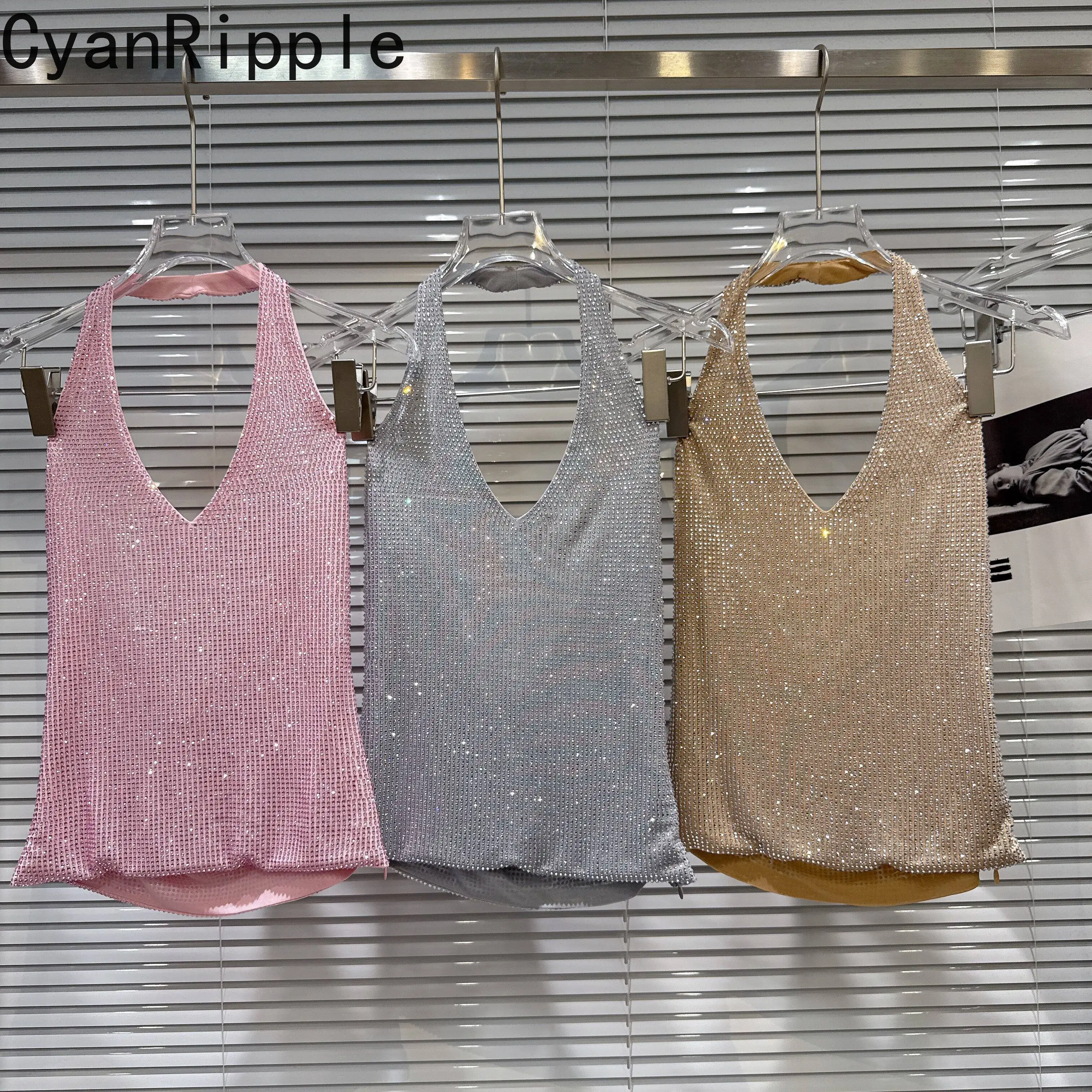 Blingbling Shiny Hot Diamonds Summer Fashion Lady Sleeveless Tank Top Sexy Nightclub V-neck Backless Hanging Neck Camisole Vest
