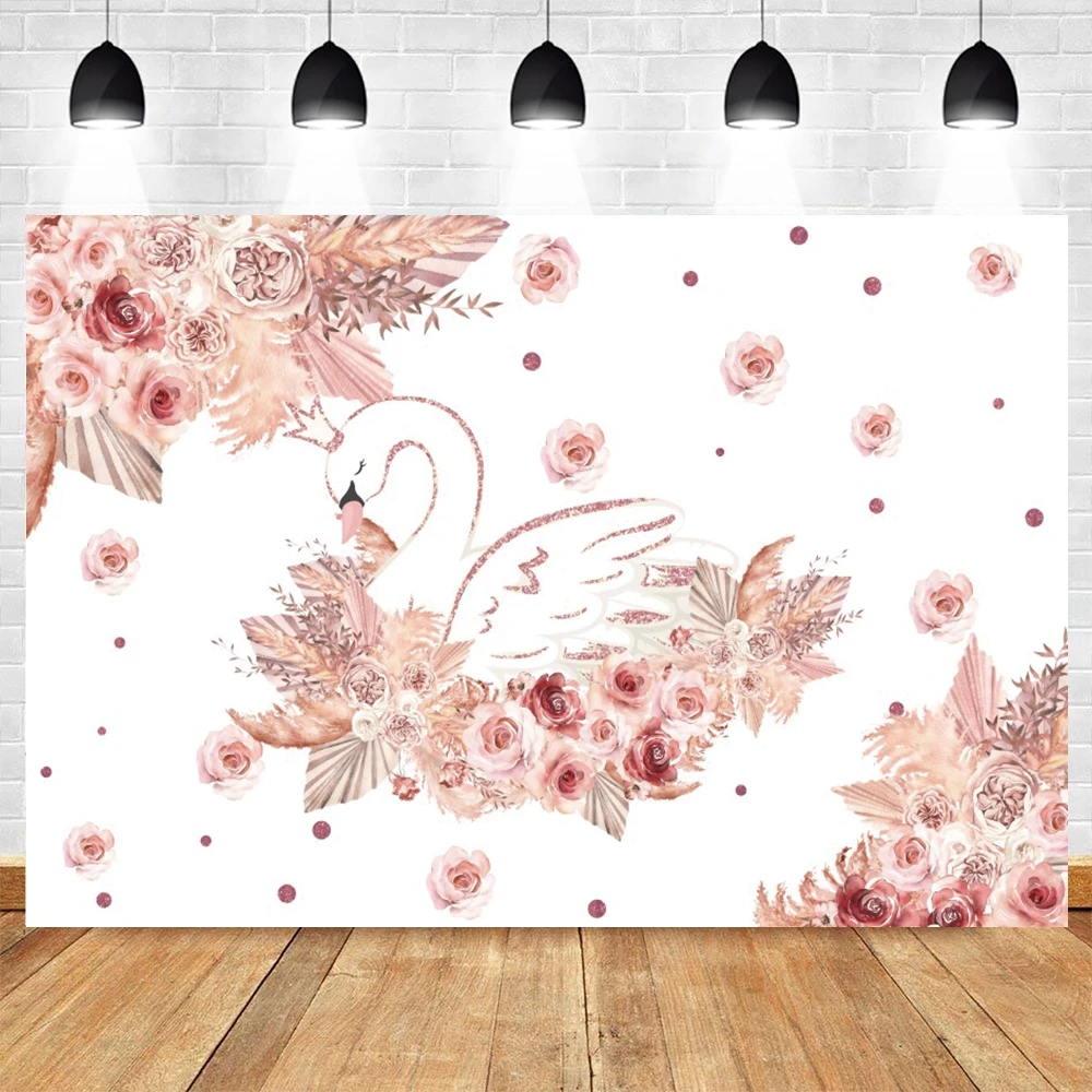 

Baby Birthday Swan Photography Backdrop Pink Flowers Princess Photocall Party Decor Background Photo Studio Photographic Prop