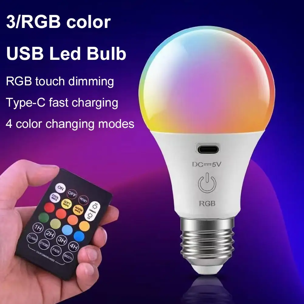RGB Smart LED Light Bulbs Dimmable E27 Bulbs with Touch Control Cordless Bulbs ModesRechargeable Remote 3 Light D5Y9