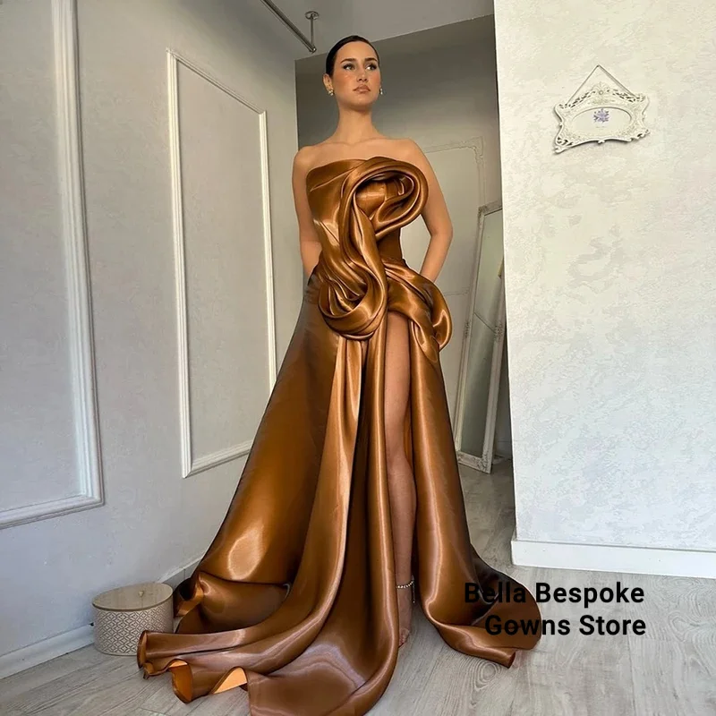 

SoDigne Elegant Brown Evening Dresses A-Line Draped High Split Ruffles Strapless Long Party Dress Modern Prom Gowns Customized