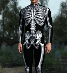 Men Skeleton Halloween Cosplay Costume Carnival Steampunk Artistic Pattern Sexy Slim Jumpsuit Performance Zentai Suit Bodysuit