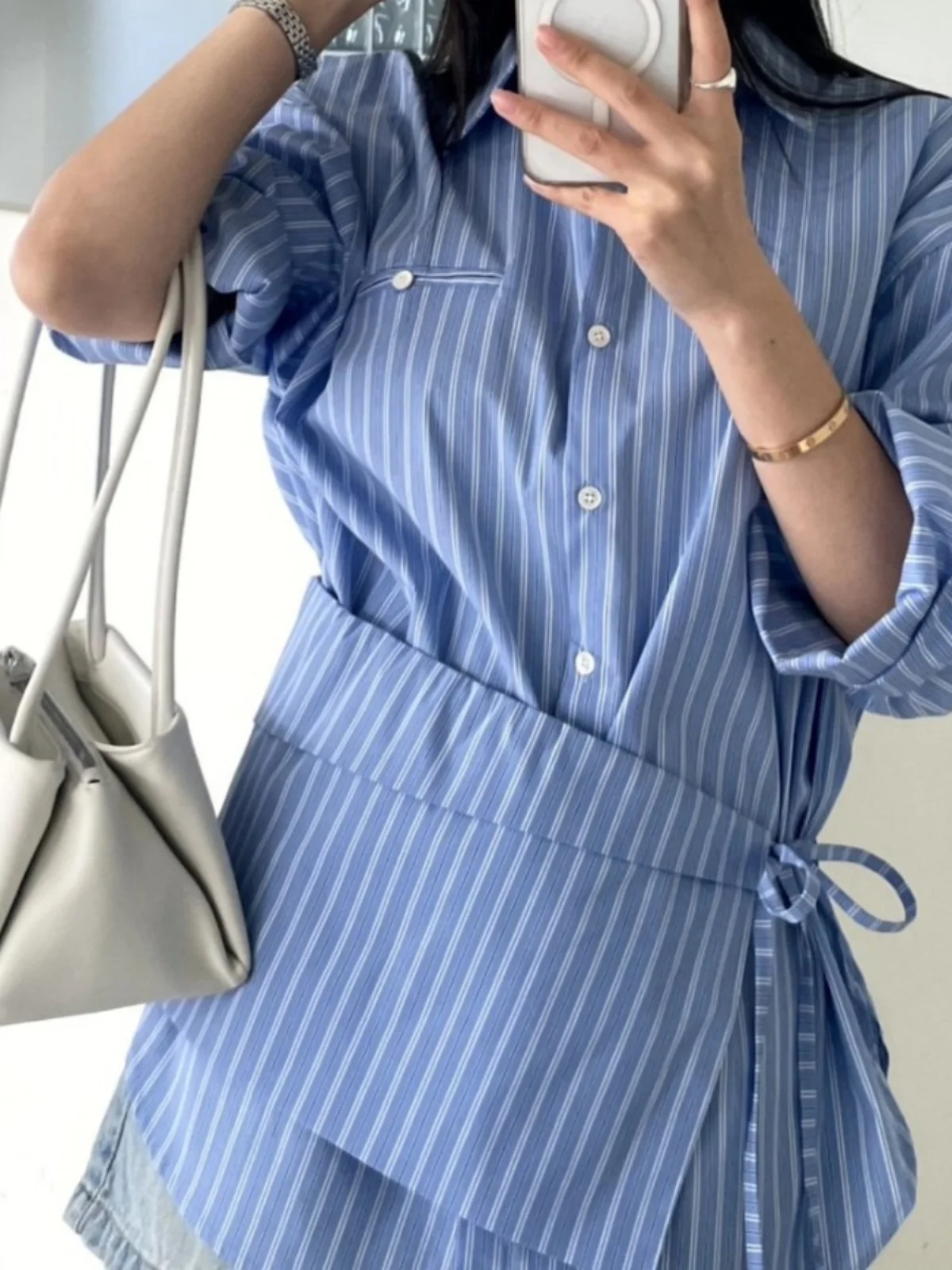 

Spring 2025 Chic Striped Long Sve irt Dr Set for Women Korean Sle Loose Fit Collar Two-Piece Ensemble